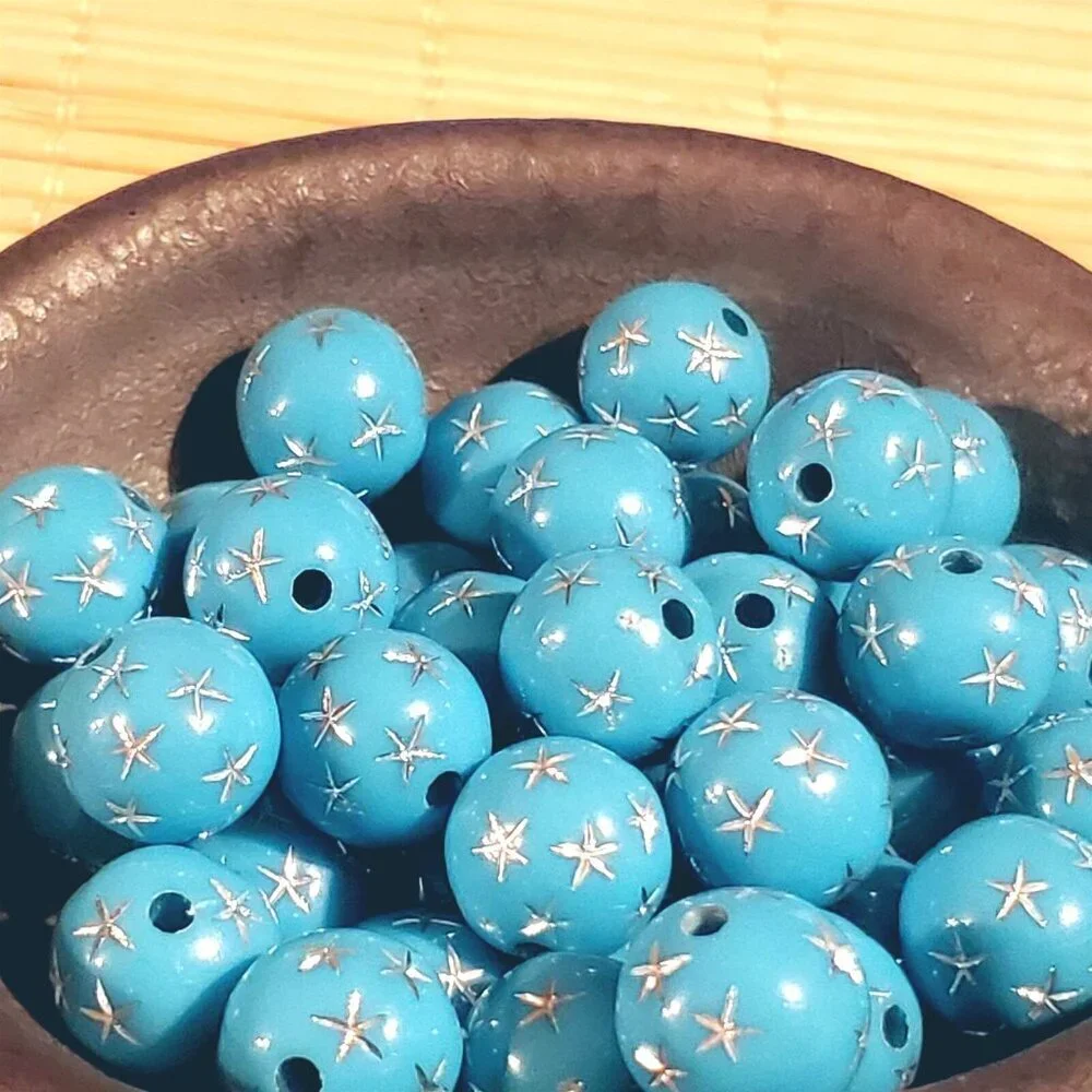 10 Vintage Retro Turquoise Silver Stars 12mm Round Acrylic Shabby Chic Beads
